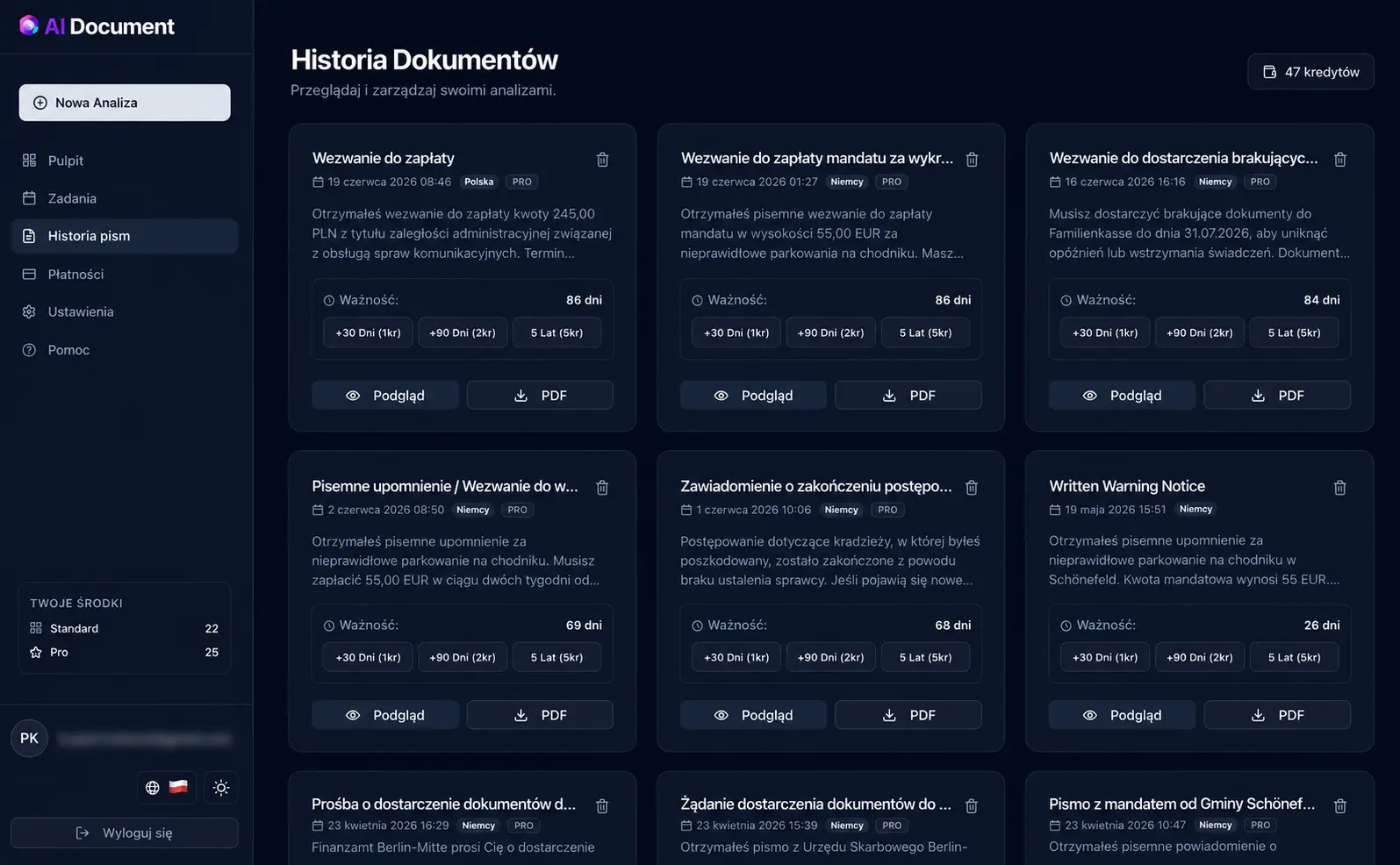 Document dashboard always at hand